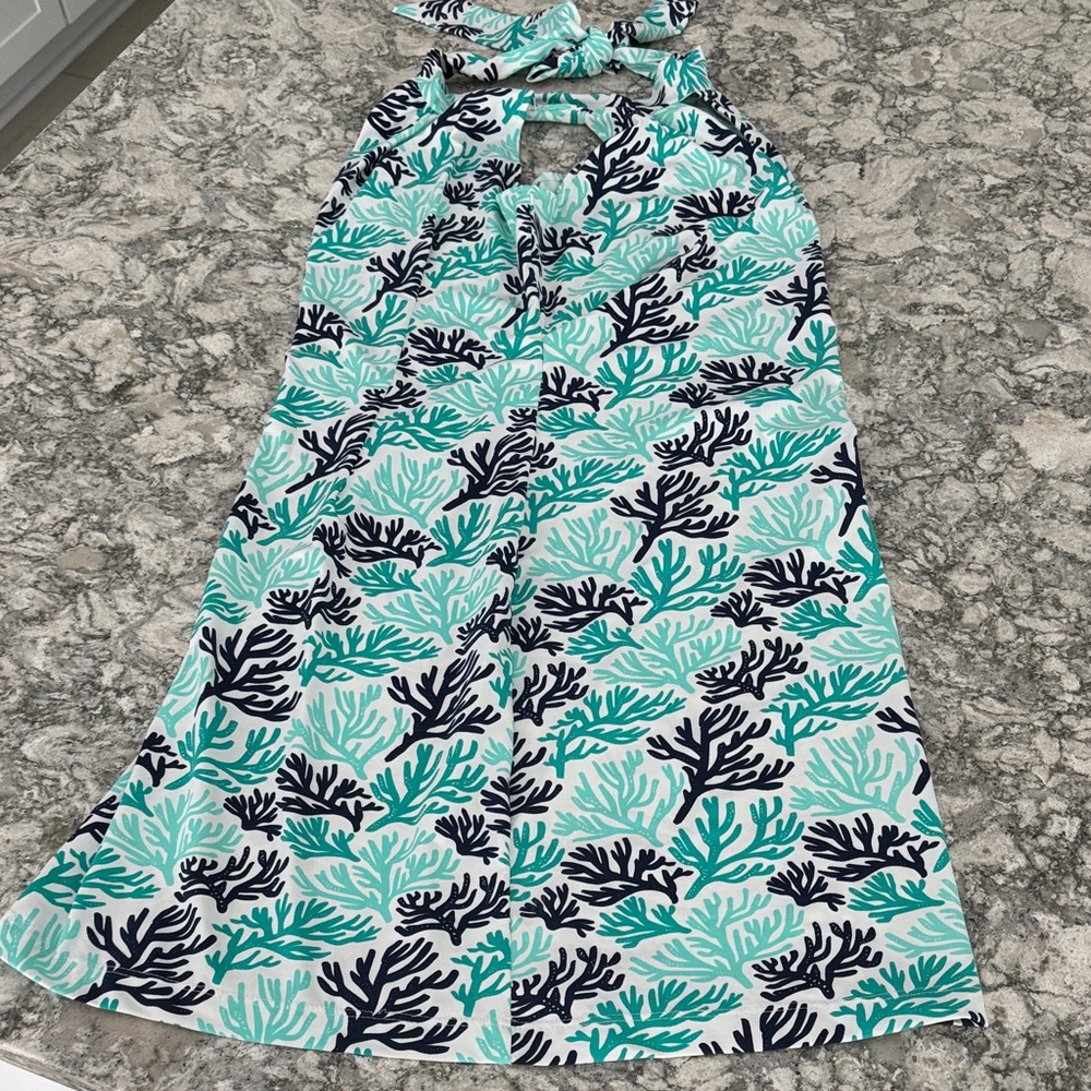 Katherine Way Aqua, Teal & Navy Coral Print Halter Dress
